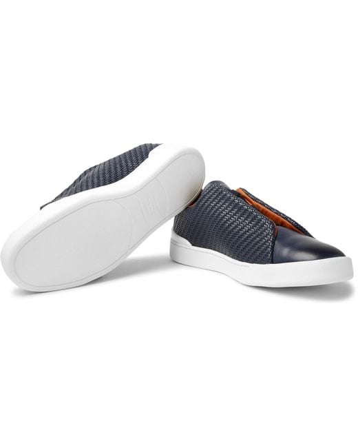ZEGNA Triple Stitch Pelle Tessuta Leather Slip-on Sneakers in Blue