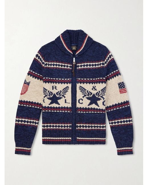 RRL Blue Shawl-Collar Cotton, Wool And Linen-Blend Jacquard Cardigan for men