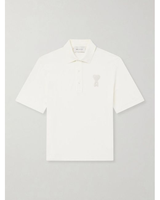 AMI White Logo-Appliquéd Cotton-Piqué Polo Shirt for men