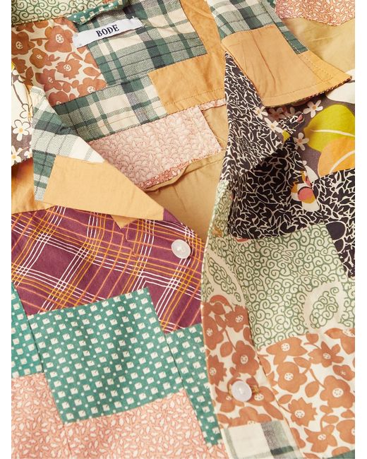 Bode Multicolor Diagonal Square Convertible-Collar Patchwork Cotton-Poplin Shirt for men