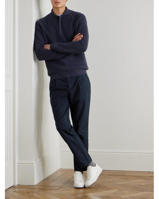 Mr P. Blue Daniel Tapered Pleated Organic Cotton-blend Moleskin Trousers for men