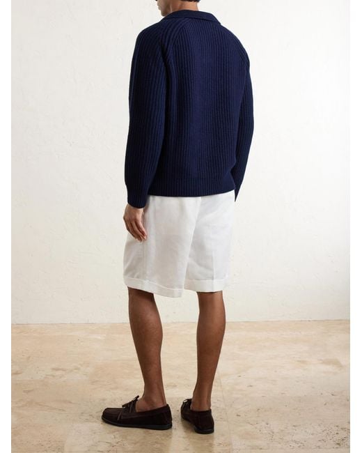 Eleventy Blue Ribbed-Knit Wool And Cashmere-Blend Polo Shirt for men