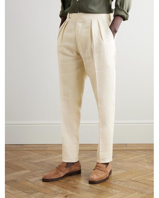 Canali Natural Tapered Pleated Linen Trousers for men