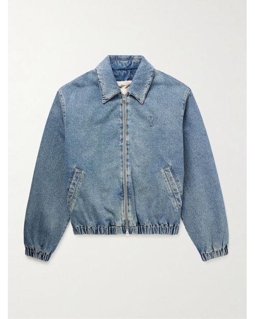 AMI Blue Adc Padded Logo-embossed Denim Bomber Jacket for men