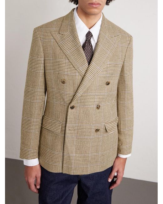 Polo Ralph Lauren Natural Double-Breasted Prince Of Wales Checked Silk, Wool And Linen-Blend Blazer for men