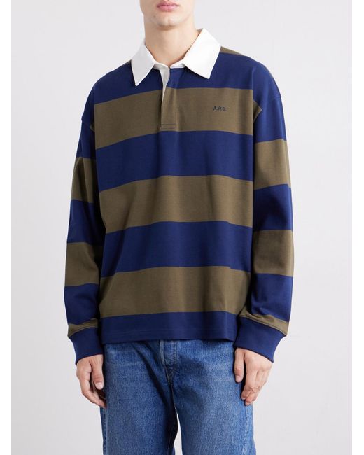 A.P.C. Blue Isaac Logo-Embroidered Striped Cotton Polo Shirt for men