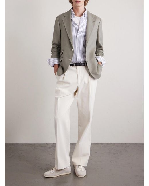 Brunello Cucinelli White Button-Down Collar Striped Cotton-Poplin Shirt for men