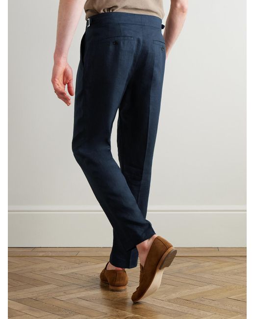 Mr P. Blue Steve Tapered Pleated Linen Trousers for men