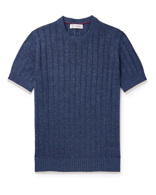 Brunello Cucinelli Blue Contrast-tipped Linen And Cotton-blend T-shirt for men