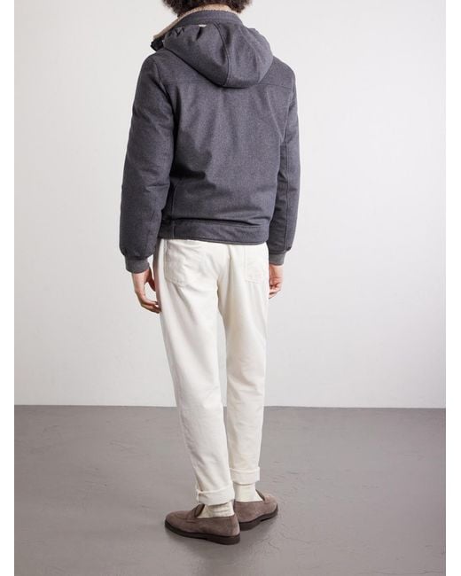 Brunello Cucinelli Blue Shearling-Trimmed Wool Hooded Down Jacket for men