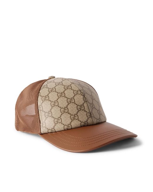 Gucci Brown Monogrammed Coated-Canvas, Leather And Mesh Baseball Cap for men