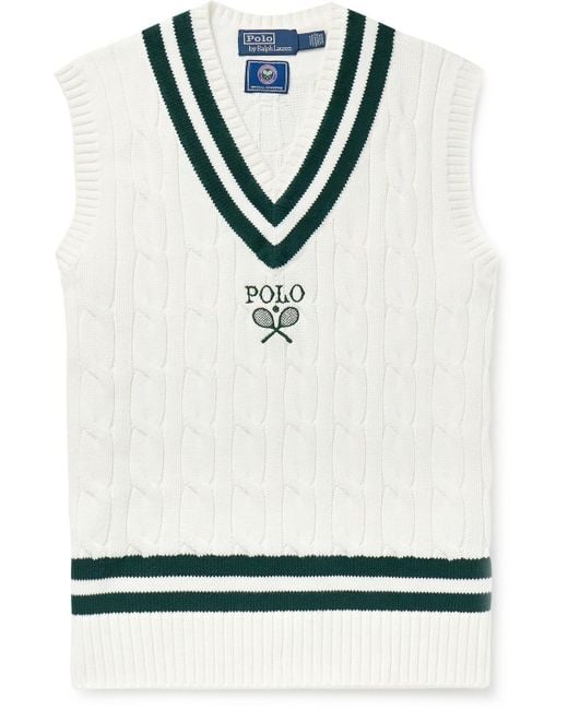 Polo Ralph Lauren White Wimbledon Logo-embroidered Cable-knit Cotton Sweater Vest for men