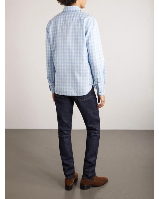 Tom Ford Blue Slim-fit Checked Cotton And Linen-blend Shirt for men