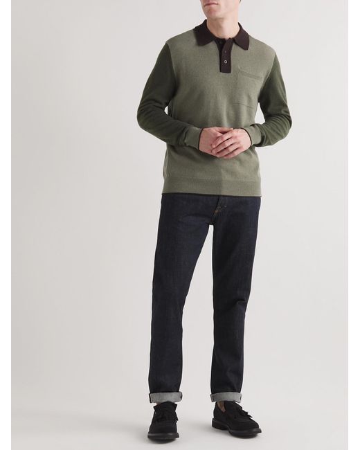 Mr P. Green Colour-Block Merino Wool Polo Shirt for men
