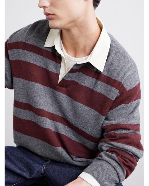FRAME Gray Striped Wool And Cashmere-Blend Polo Shirt for men