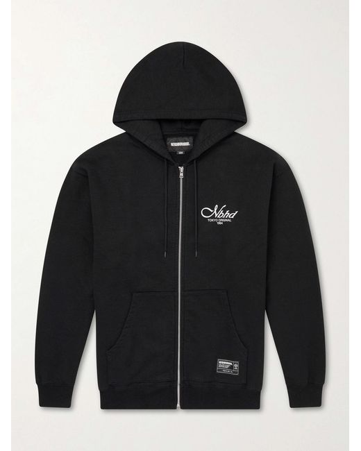 Neighborhood Black Staple Logo-Print Cotton-Fleece Zip-Up Hoodie for men