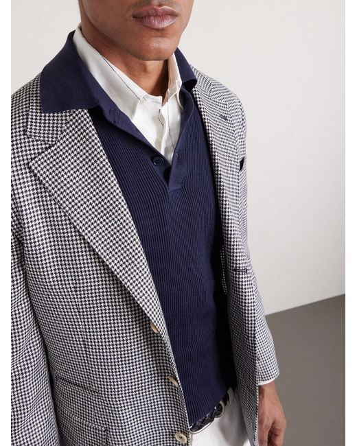 Brunello Cucinelli Blue Ribbed Cotton Polo Shirt for men