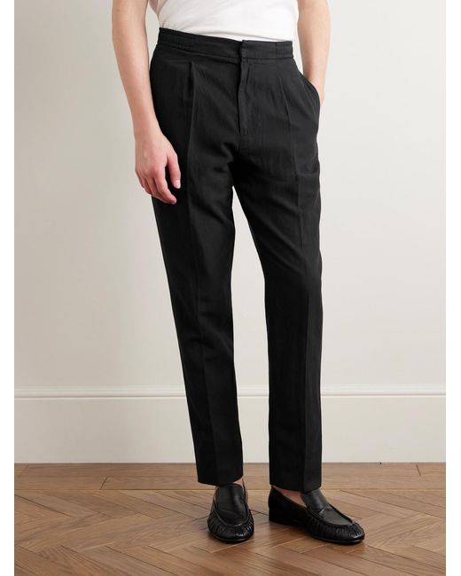Officine Generale Black Drew Tapered Pleated Garment-Dyed Lyocell-Blend Trousers for men