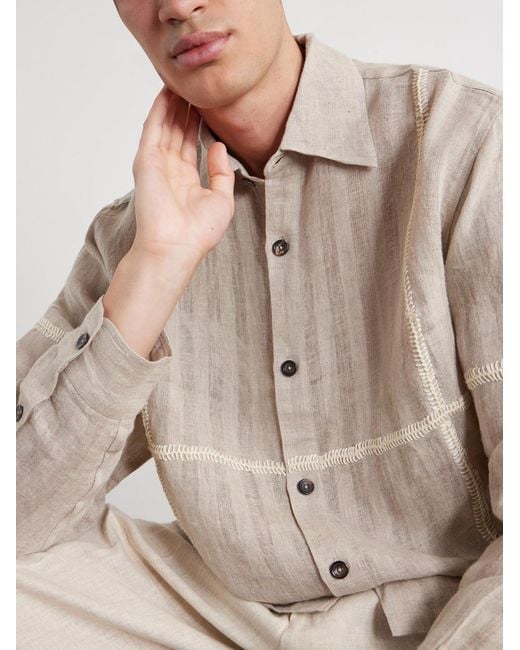 Kartik Research Natural Rabari Embroidered Linen Shirt for men