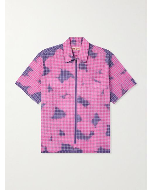 Overshirt in misto cotone seersucker a quadri effetto scolorito di Stockholm Surfboard Club in Pink da Uomo