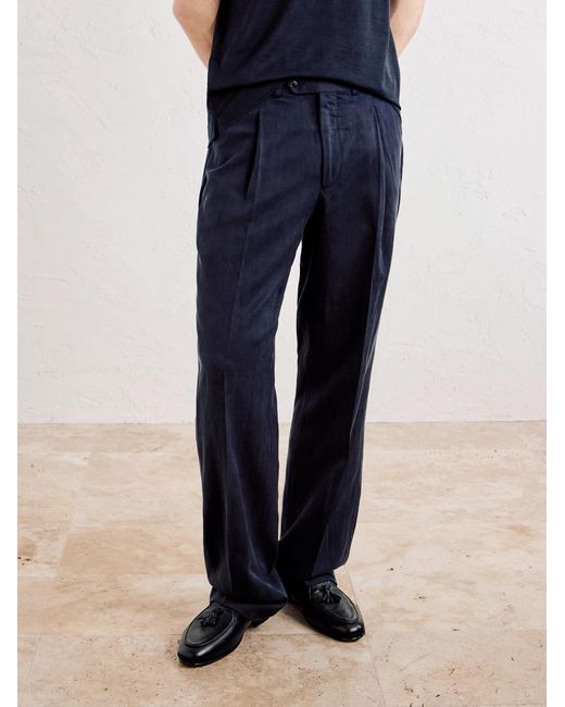 Saman Amel Blue Amo Straight-leg Pleated Silk And Linen-blend Suit Trousers for men