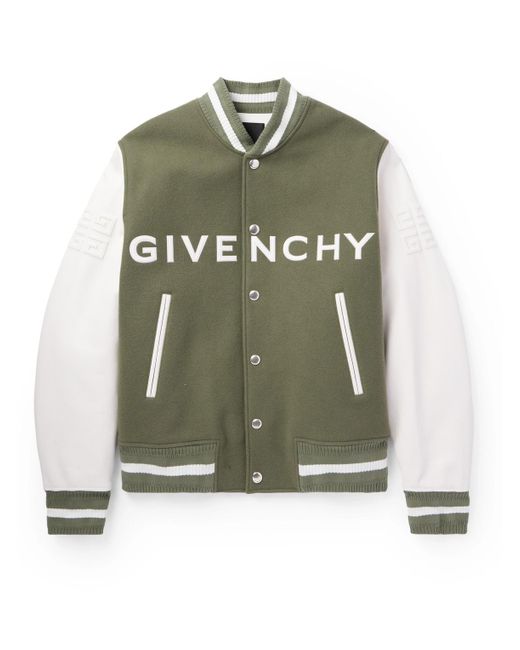 Givenchy Green Logo-appliquéd Wool-blend And Leather Varsity Jacket for men