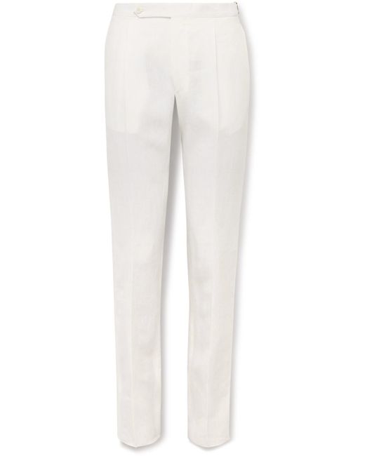 De Petrillo White Slim-fit Pleated Linen Trousers for men