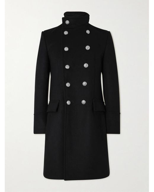 Balmain Black Double-Breasted Wool Coat for men