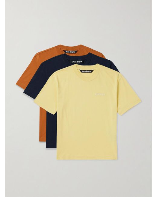 Confezione da tre T-shirt in jersey di cotone con logo ricamato di Palm Angels in Yellow da Uomo
