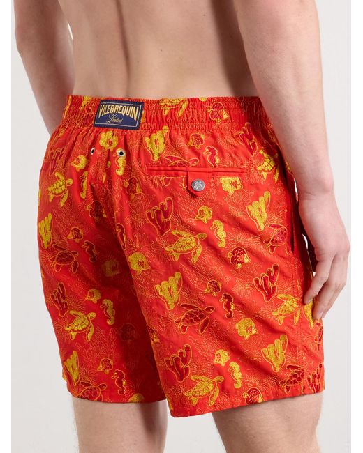 Vilebrequin Orange Mistral Straight-Leg Mid-Length Embroidered Swim Shorts for men