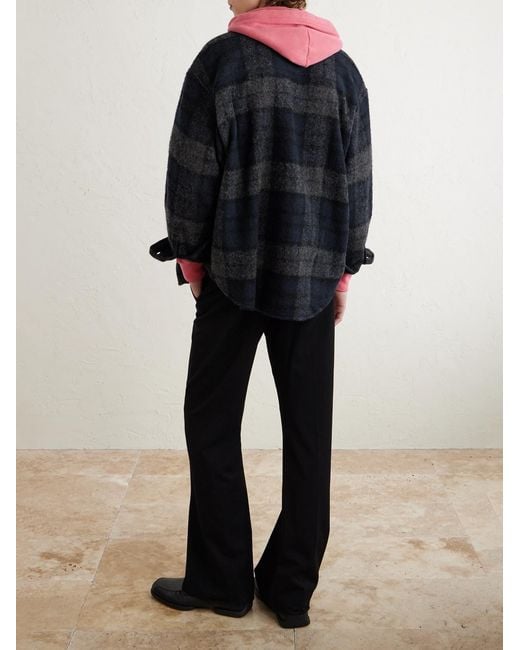 (w)taps Blue Logo-appliquéd Checked Brushed Wool-blend Overshirt for men