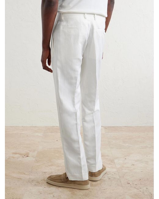Canali White Mamhood Straight-Leg Pleated Linen And Silk-Blend Trousers for men