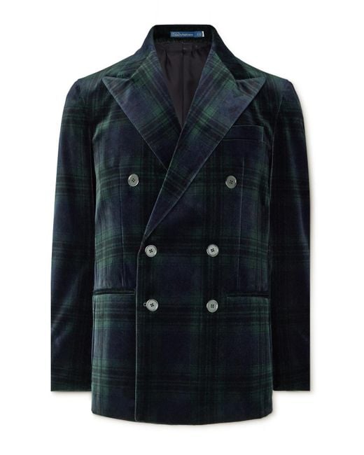 Polo Ralph Lauren Blue Double-Breasted Checked Cotton-Velvet Blazer for men