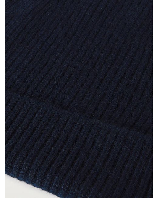 Anderson & Sheppard Blue Ribbed Cashmere Beanie for men