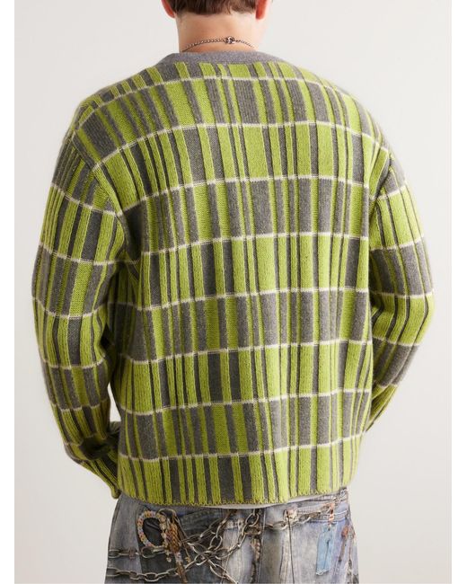 The Elder Statesman Green Intarsia-Knit Cashmere Cardigan for men