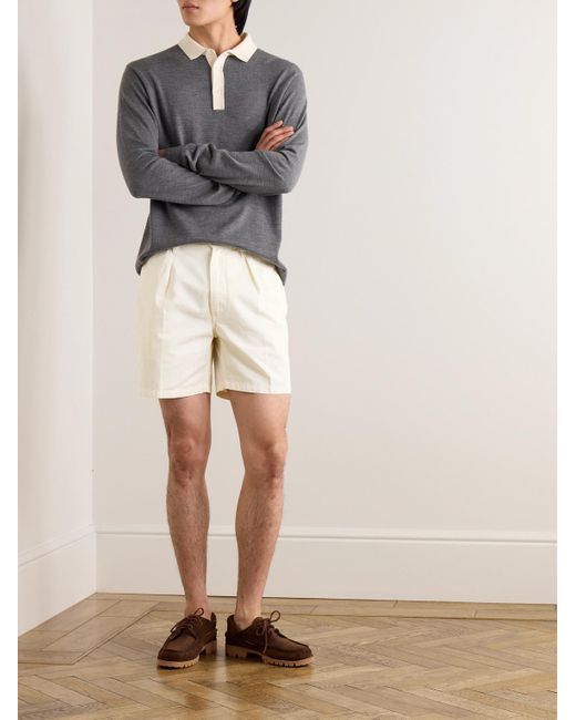 Drake's Natural Pleated Straight-leg Cotton-twill Shorts for men