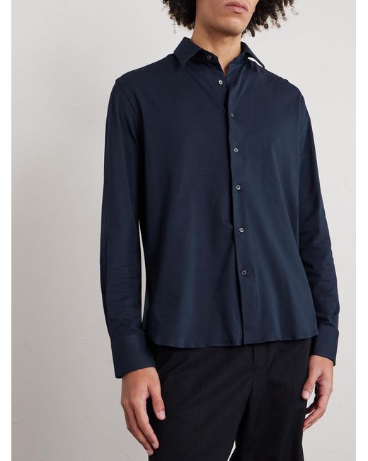 Canali Blue Travel Slim-fit Cutaway-collar Stretch-cotton Jersey Shirt for men