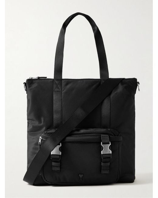 AMI Black Leather-trimmed Logo-embellished Shell Tote Bag for men