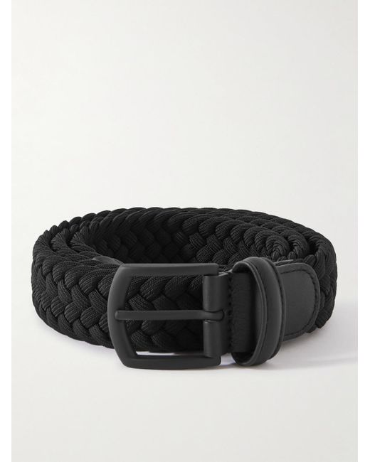 Anderson's Leather-trimmed Woven Elastic Belt in Black for Men