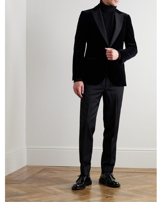 Mr P. Black Slim-Fit Twill-Trimmed Cotton-Velvet Tuxedo Jacket for men