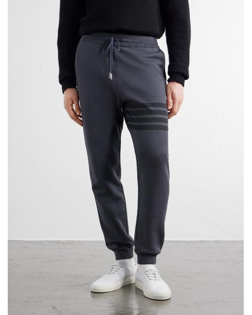 Thom Browne Blue Tapered 4-Bar Detailed Cotton-Jersey Drawstring Sweatpants for men