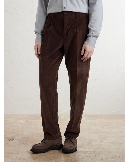 Canali Brown Straight-Leg Pleated Cotton-Corduroy Trousers for men