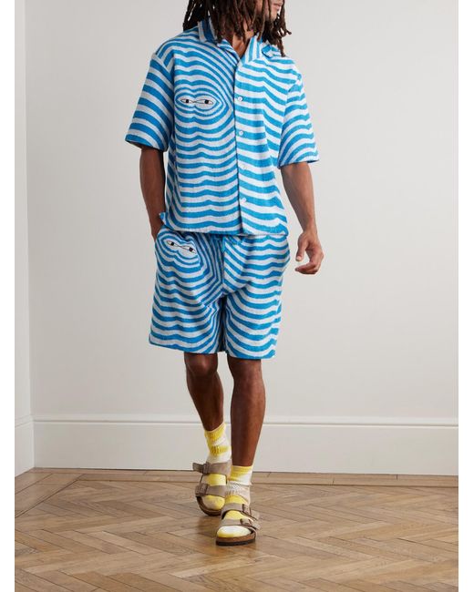 The Elder Statesman Blue Camp-Collar Embroidered Striped Organic Cotton-Terry Shirt for men