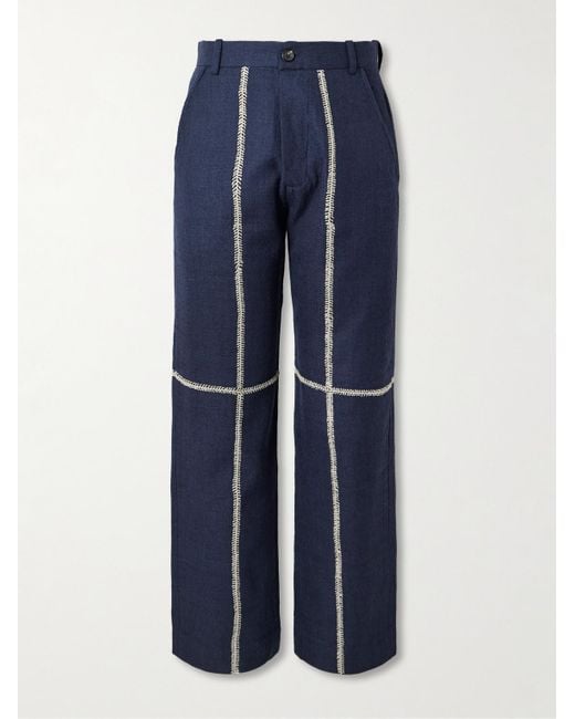 Kartik Research Blue Rabari Straight-Leg Embroidered Textured-Wool Trousers for men