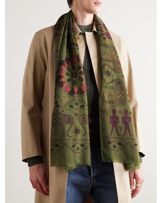 Drake's Green Fringed Printed Wool And Silk-blend Scarf for men