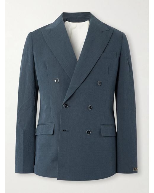 A Kind Of Guise Blue Double-Breasted Cotton And Linen-Blend Seersucker Blazer for men