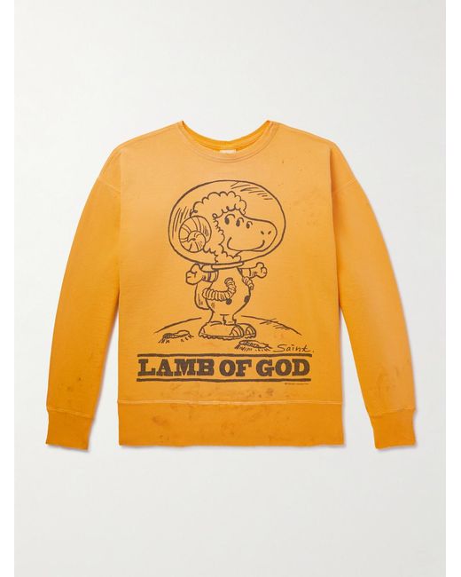 SAINT Mxxxxxx Yellow Distressed Printed Cotton-Jersey Sweatshirt for men