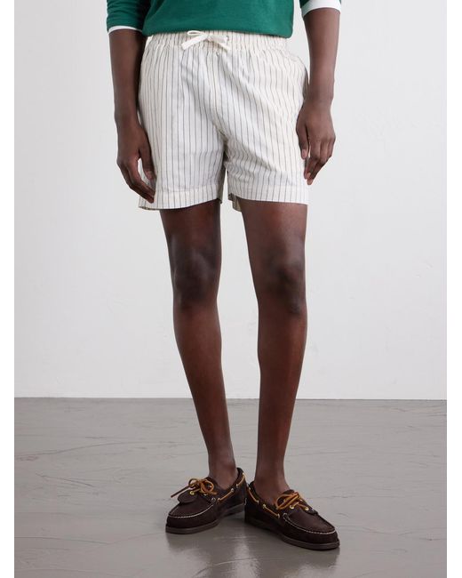 Drake's White Straight-Leg Striped Cotton And Linen-Blend Drawstring Shorts for men