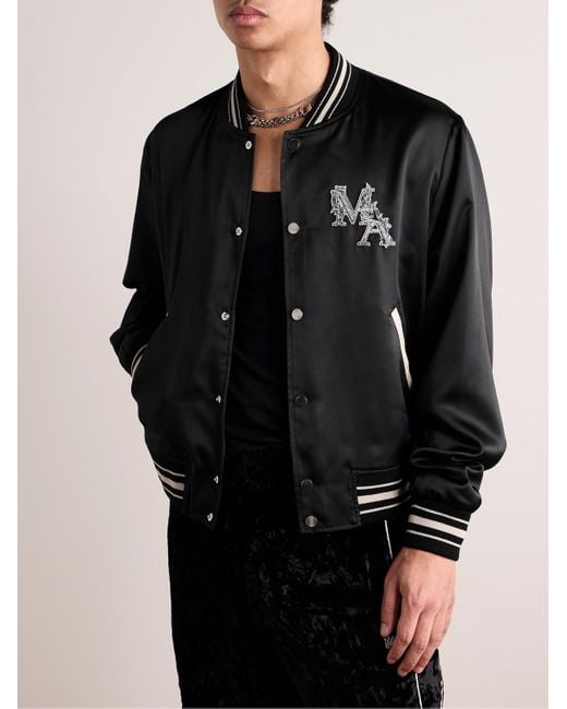 Amiri Black Logo-appliquéd Leather-trimmed Satin Bomber Jacket for men