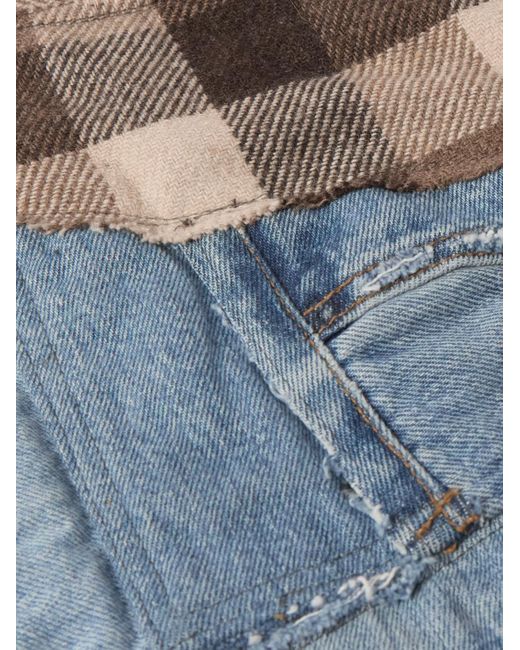 Greg Lauren Blue Patchwork Denim-trimmed Checked Flannel Overshirt for men